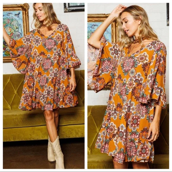 13 Boho Fabulous Paisley Pattern V-Neck Tiered Dress - Picture 3 of 9